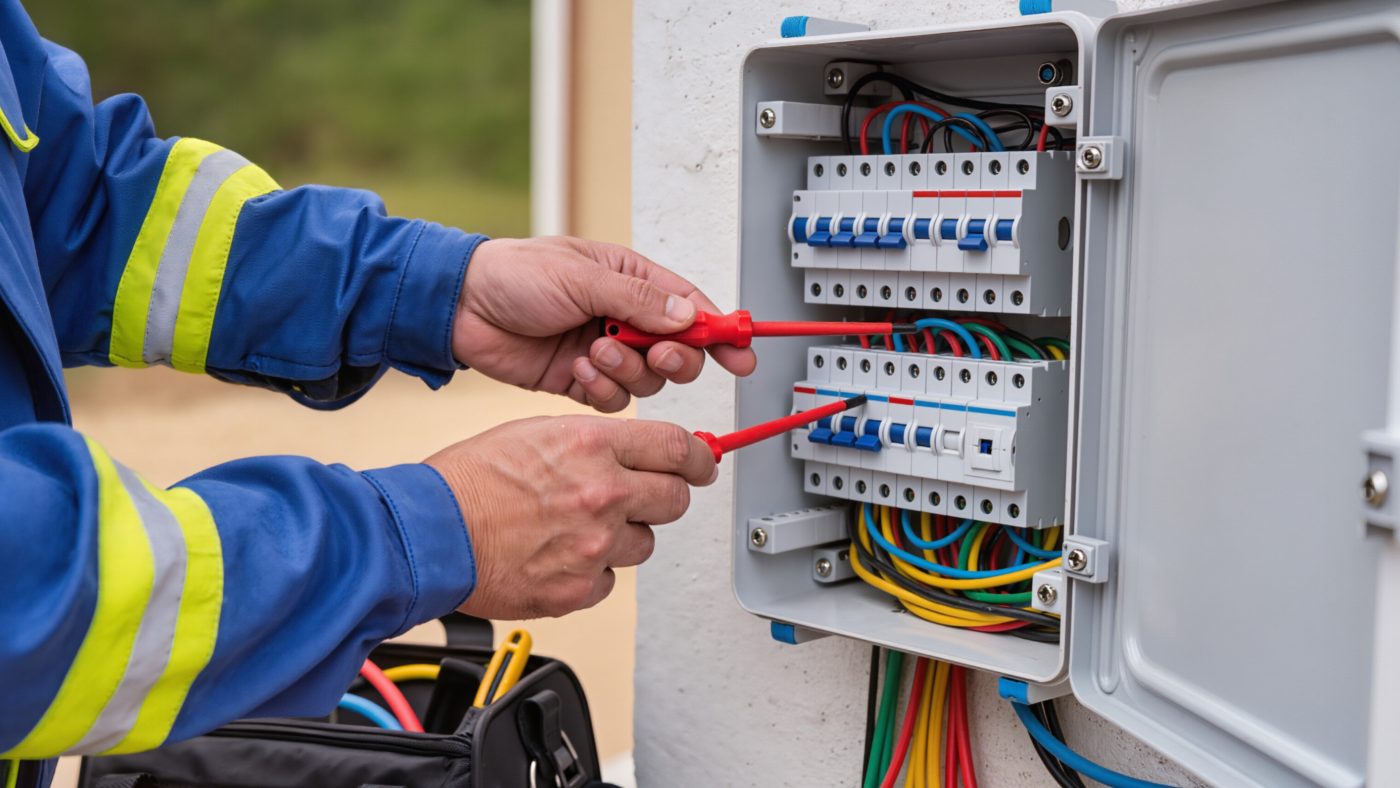 Licensed electrician working inside a residential service panel.
