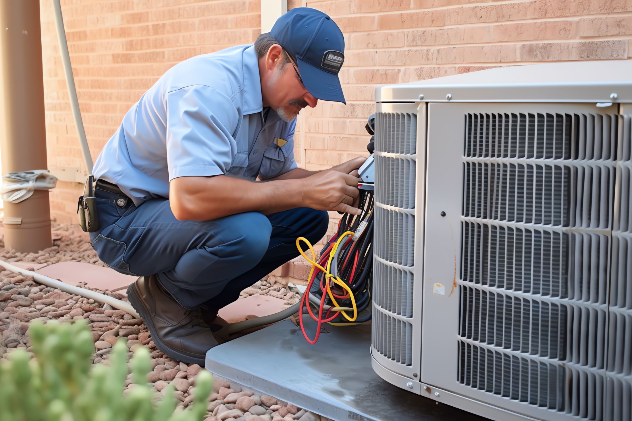 NCIS technician servicing a residential air conditioning condenser on a service call.