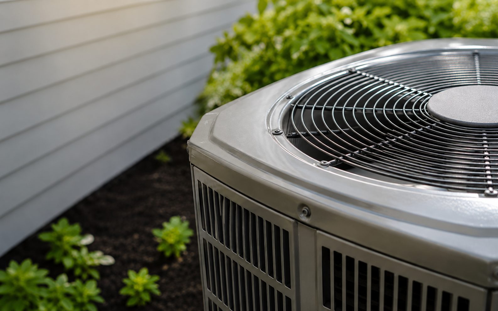 Close-up of a residential air conditioning condenser unit beside a home, the kind of equipment NCIS installs and services.