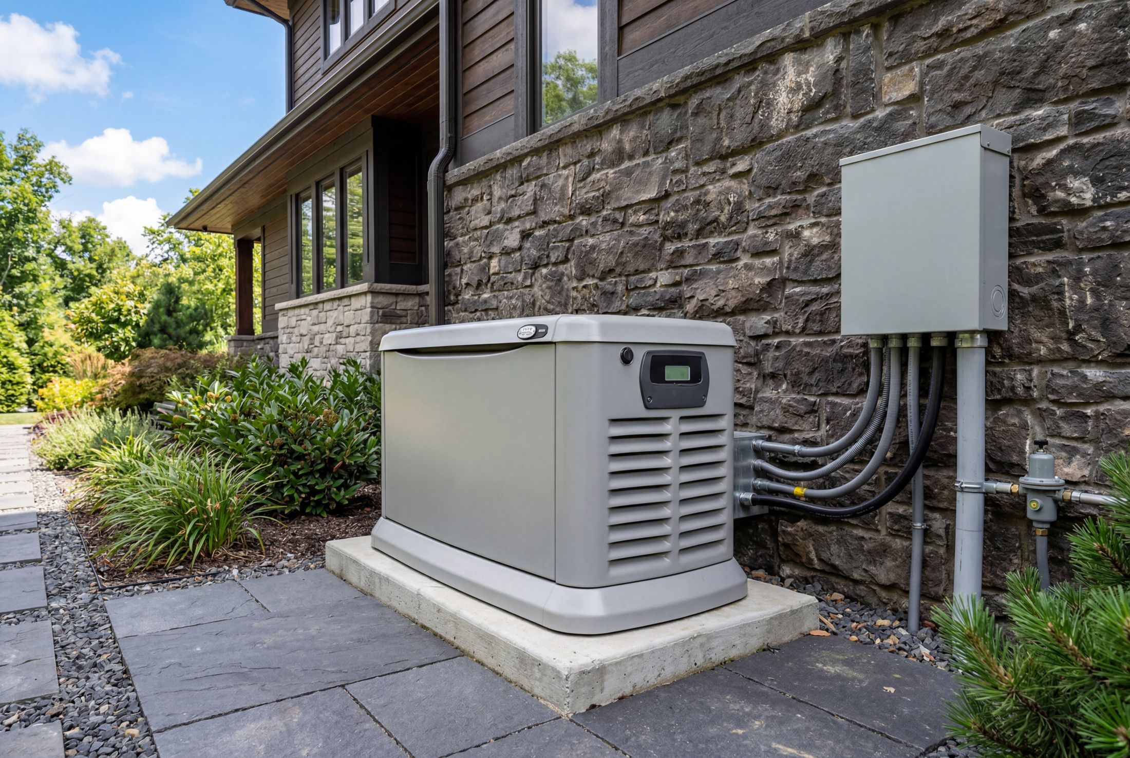 Whole-home standby generator installed beside a North Central Iowa home, the kind of project homeowners finance.