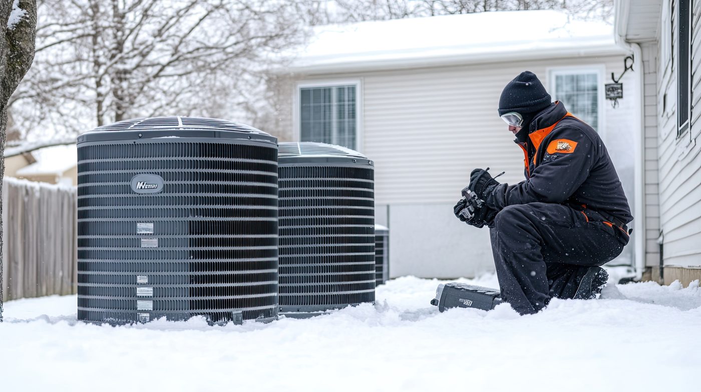 NCIS technician servicing outdoor units in deep snow during an Eagle Grove-area winter.